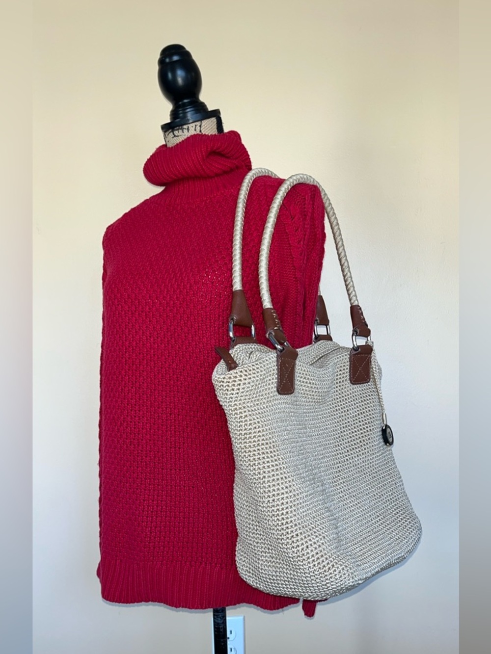 The Sak Cream/ Tan Cambria Crochet Tote Straw Woven Shoulder Bag Purse